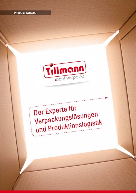 Deckblatt des Tillmann Produktkatalogs mit der Aufschrift: ""Der Experte für Verpackungslösungen und Produktionslogistik"