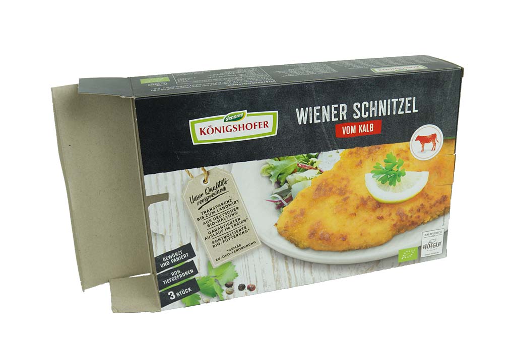Eine Verkaufsverpackung eines Wiener Schnitzel, produziert und veredelt von Tillmann Verpackungen Schmalkalden
