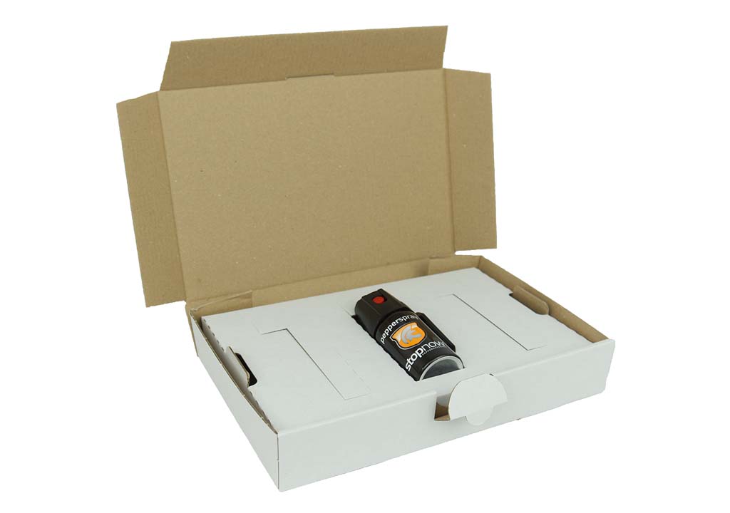 Eine graue, geöffnete Produktverpackung eines Pfeffersprays, eine funktionale Verpackungslösung von Tillmann Verpackungen Schmalkalden