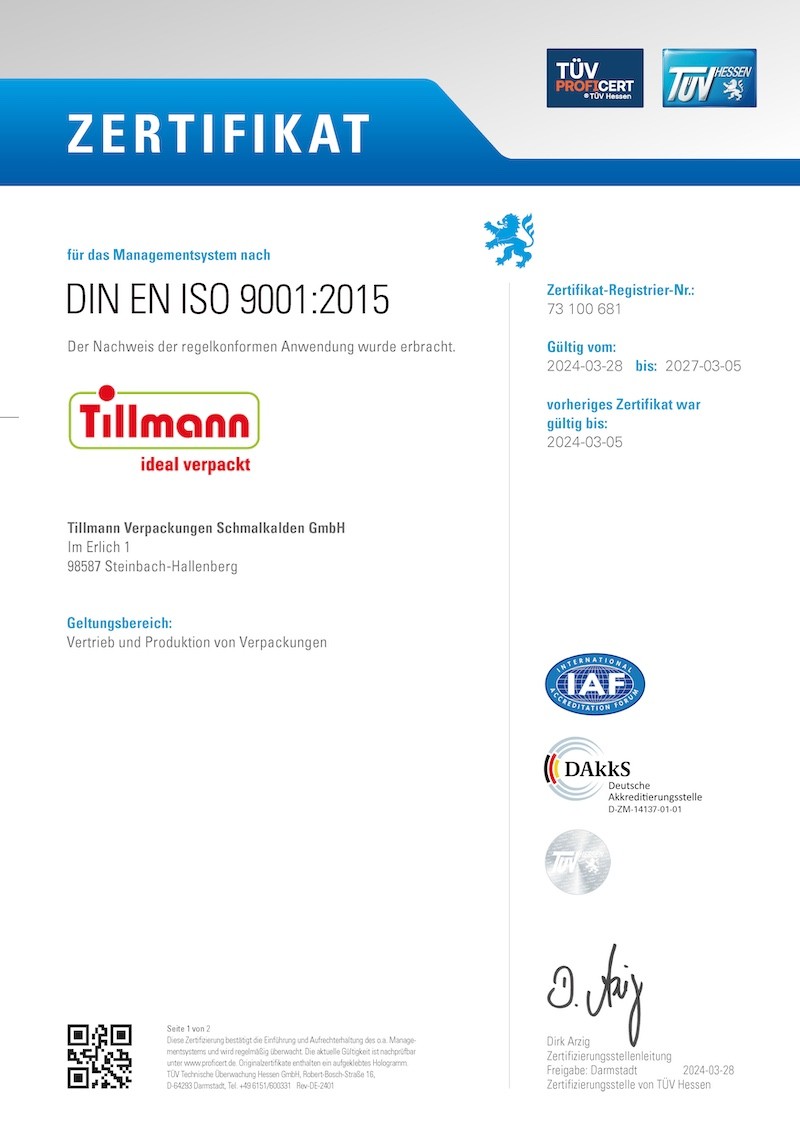 TÜV Zertifikat Tillmann Verpackungen Schmalkalden GmbH